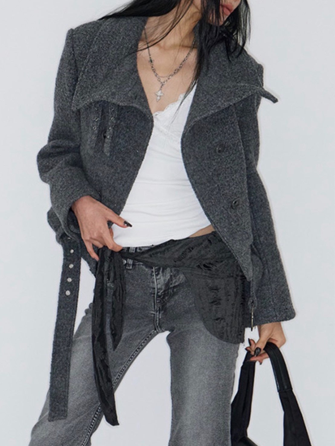 【NOT KNOWING】Double Belted High-Neck Coat