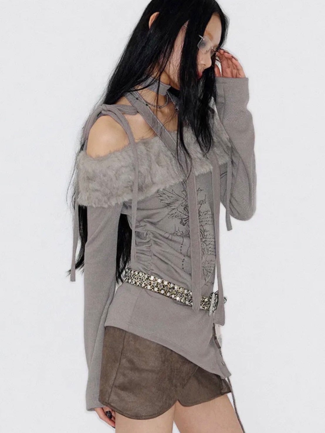 【NOT KNOWING】Fur Off Shoulder Lace Up Top