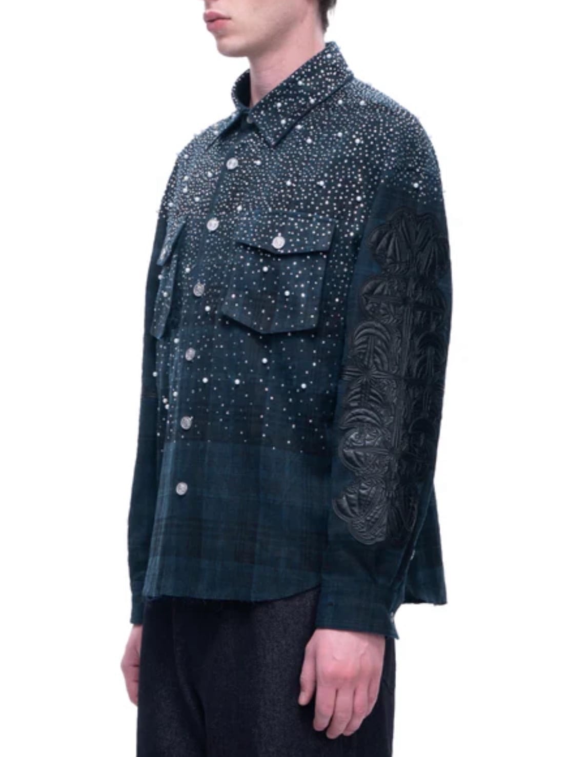 【The Boy Has No Patience】TBHNP LUMINOUS DAWN RHINESTONE PEARL BAT PATTERN L-S SHIRT / 【ザボーイハズノーペーシェンス】ラインストーンチェックシャツ