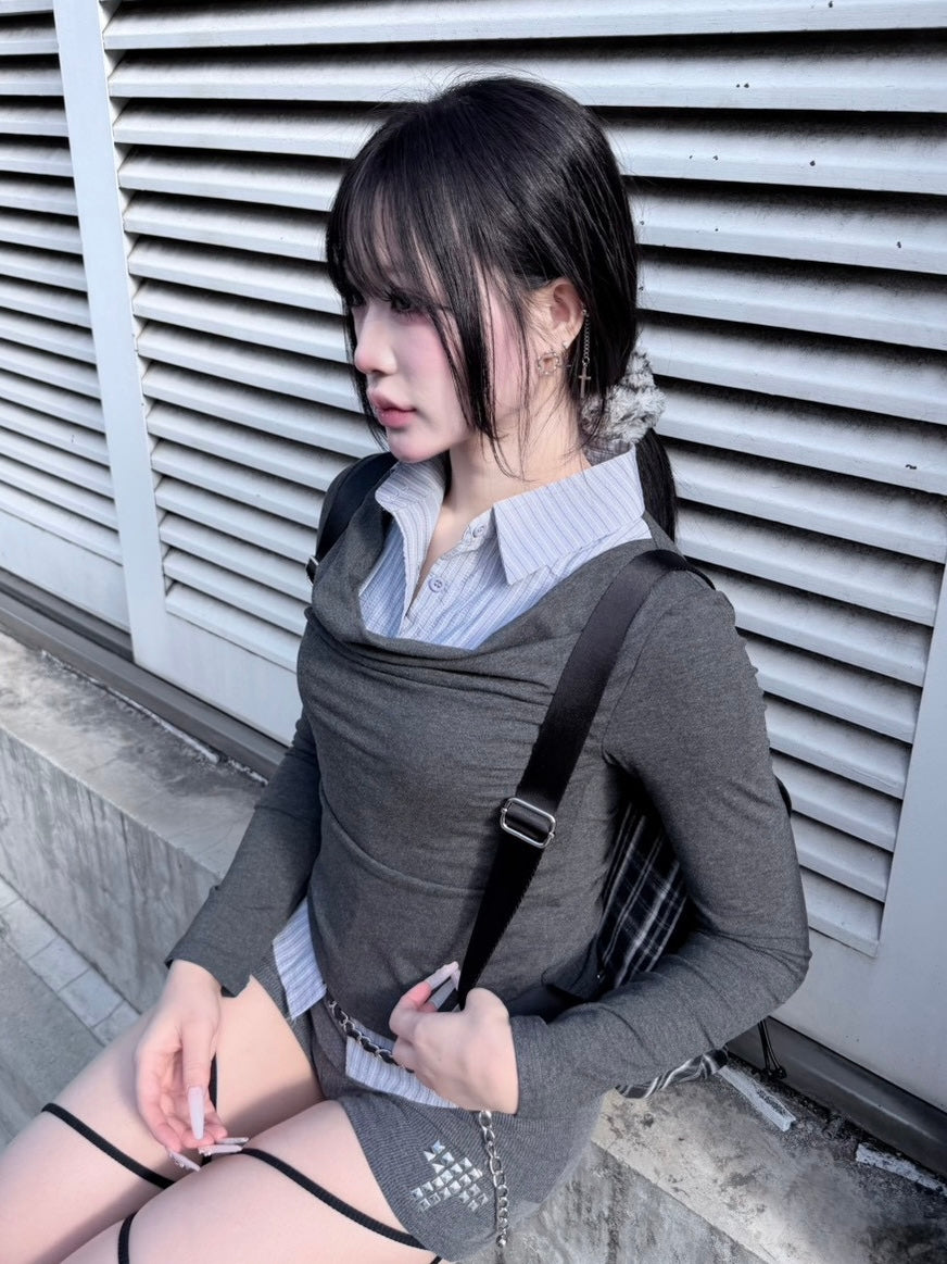 3/1 20:00発売 受注制【nmtc +】draep layered shirts / 【エヌエムティーシープラス】ドレープレイヤード長袖Tシャツ (2color)