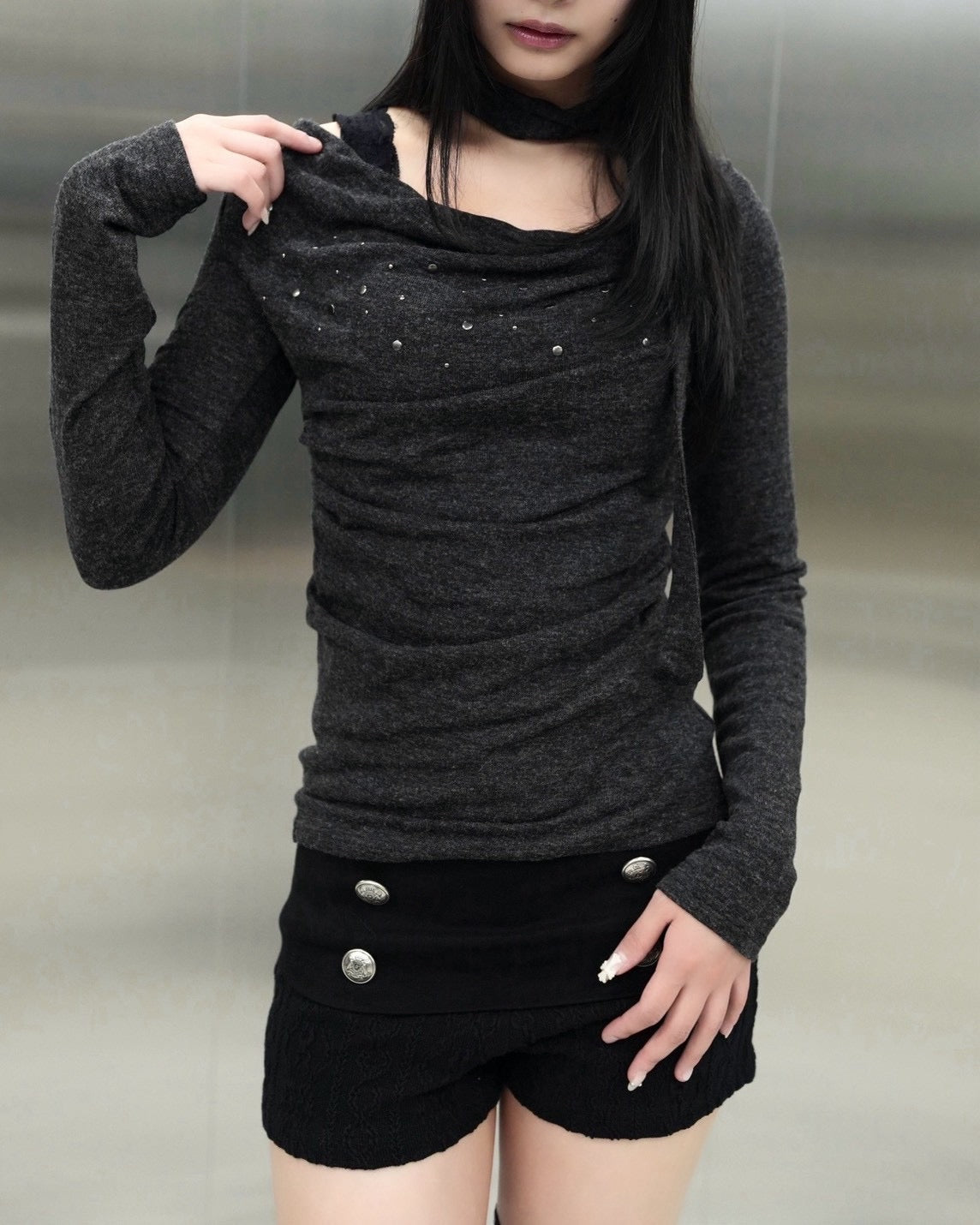 受注制【Never mind the XU】Draped ruched tie set top (4color)