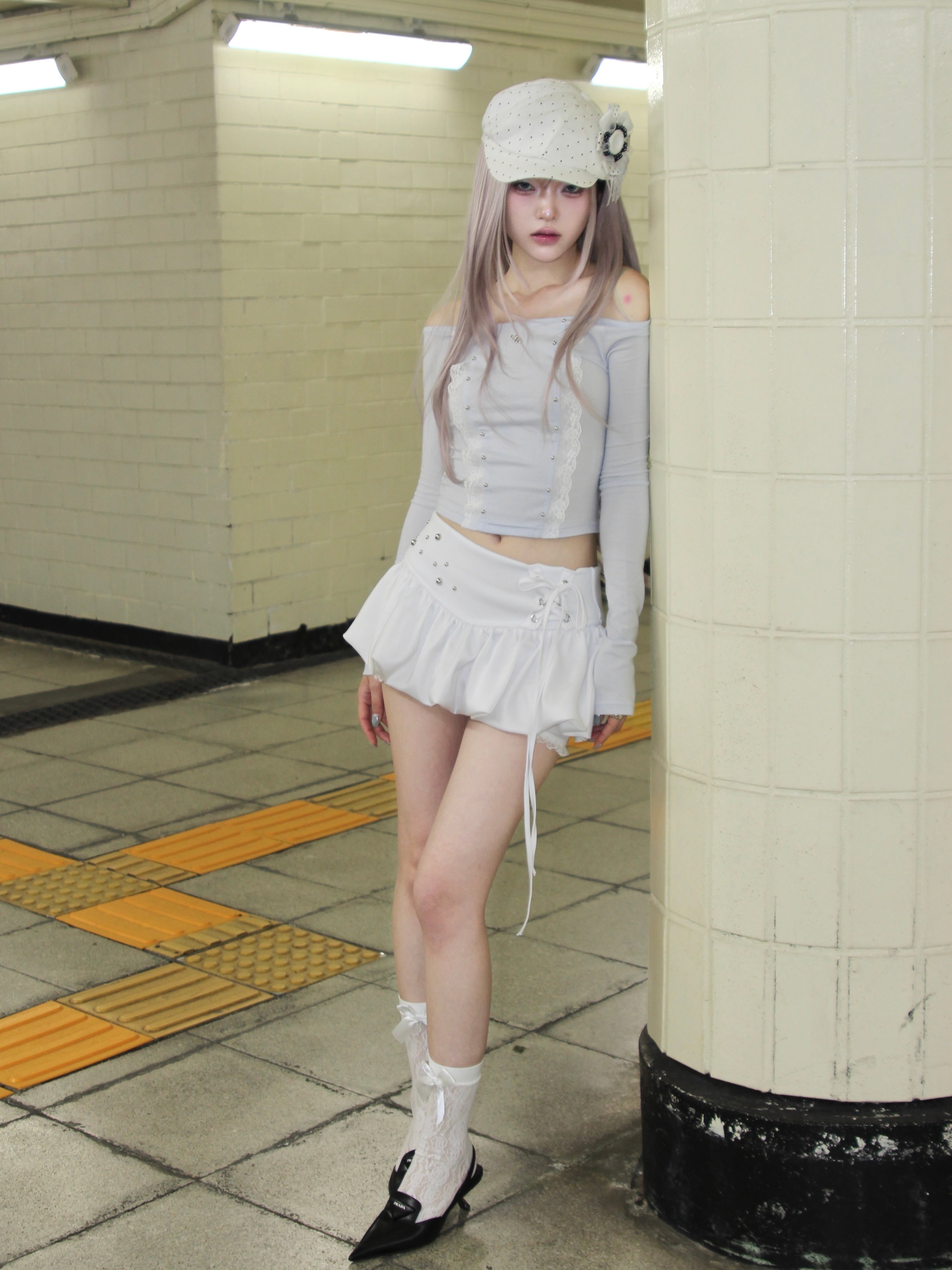 【CHERRYQUIRI】cloud lace off shoulder top
