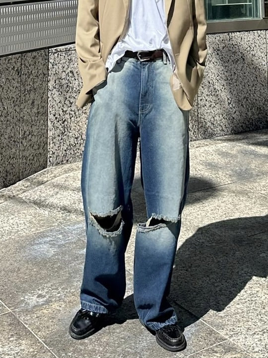 受注制【Chikashitsu +】vintage wash damage denim pants (2color)