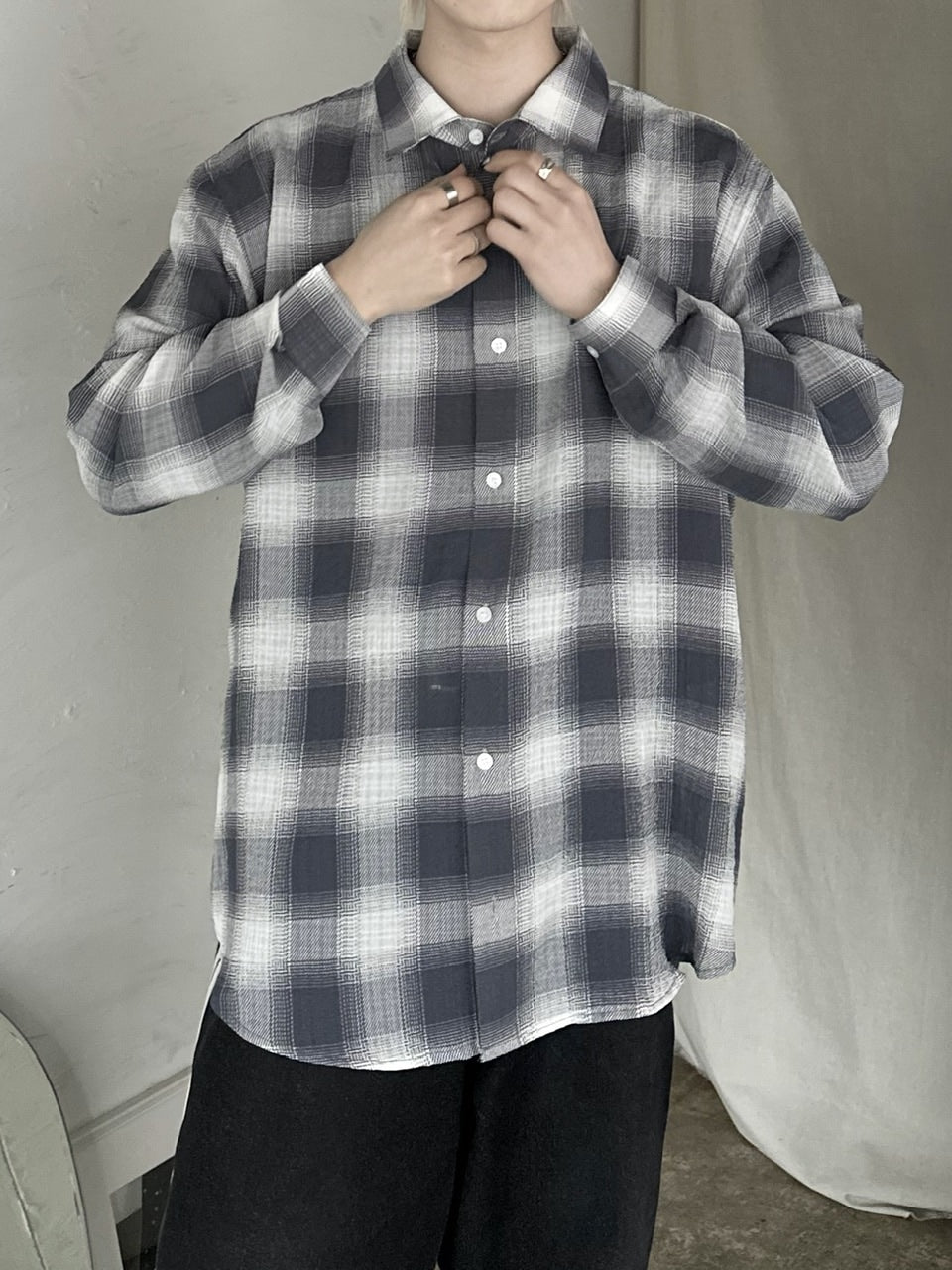 大阪店WEB限定受注制【Chikashitsu +】over fit shadow check shirt (3color)