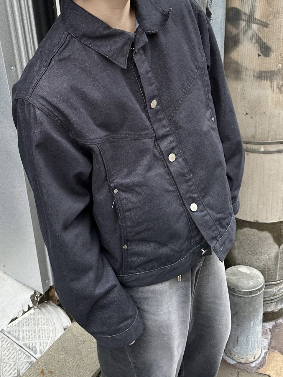 受注制【Chikashitsu +】set up design denim short jacket (2color)