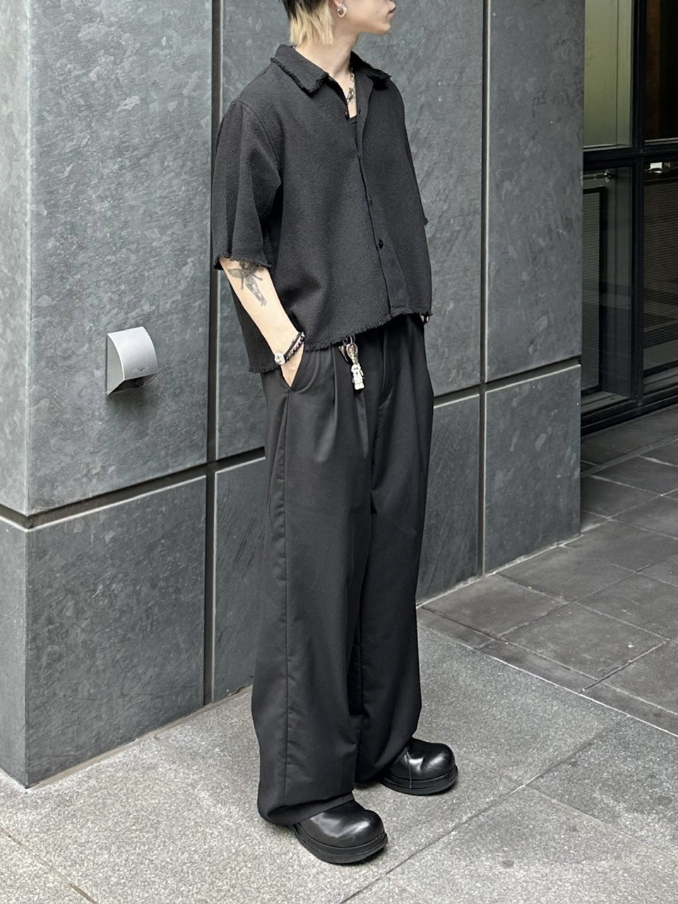 大阪店WEB限定受注制【Chikashitsu +】tweed cropped shirt (2color)