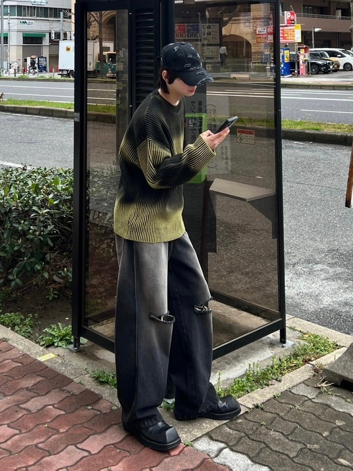 受注制【Chikashitsu +】bleach washing knit (3color) / 【チカシツプラス】ブリーチウォッシング長袖ニット