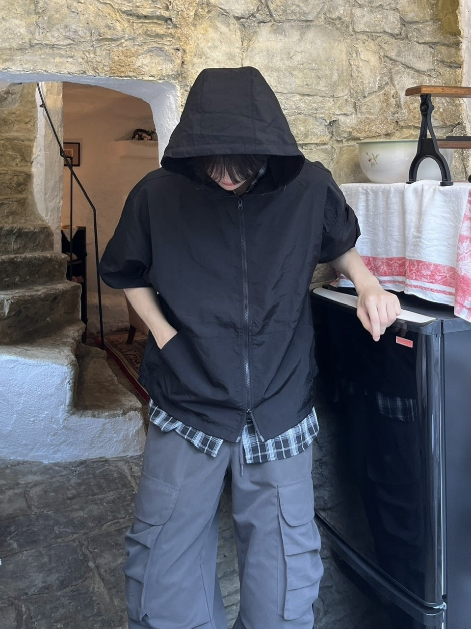 受注制【youll】half sleeve nylon hooded blouson (2color)