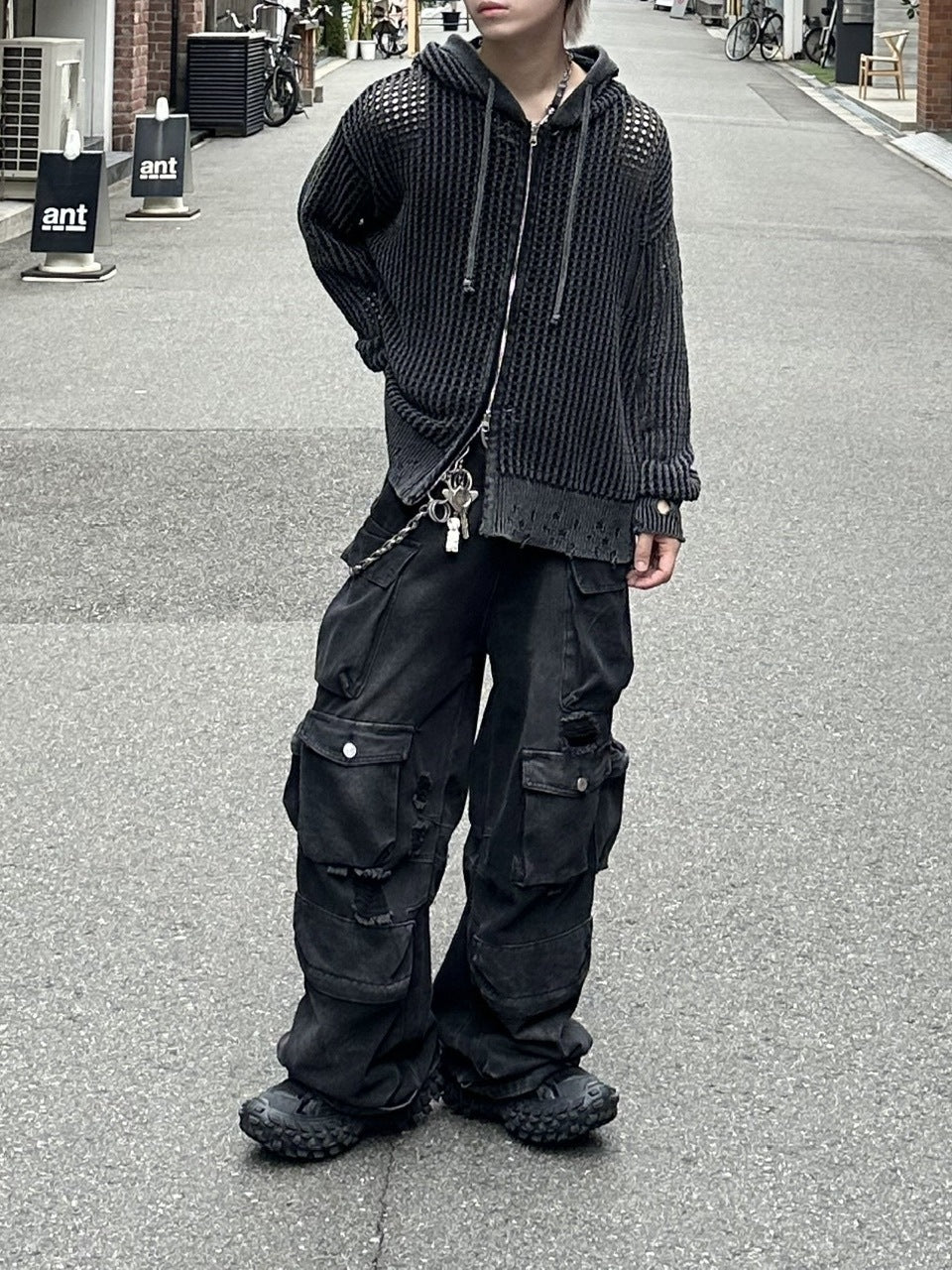 大阪店WEB限定受注制【Chikashitsu +】mesh zip damage hoodie (2color) / 【チカシツプラス】メッシュダメージジップアップ長袖パーカー