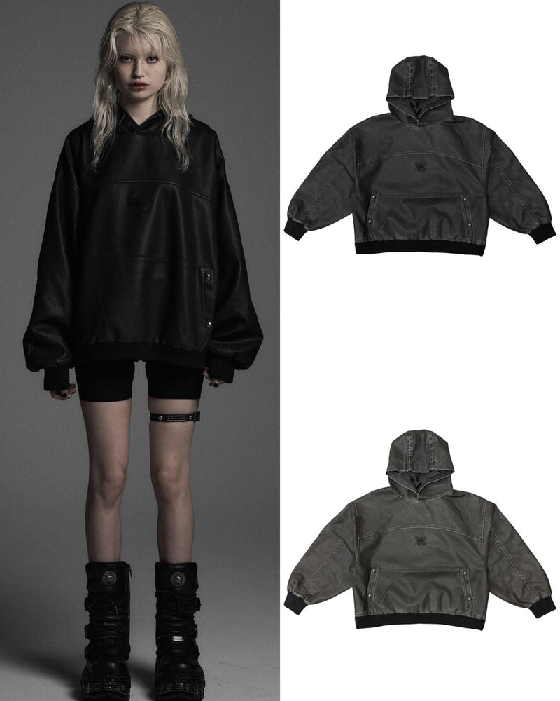 【Rosen Kreuz】VINTAGE LEATHER SHIRRING HOODIE