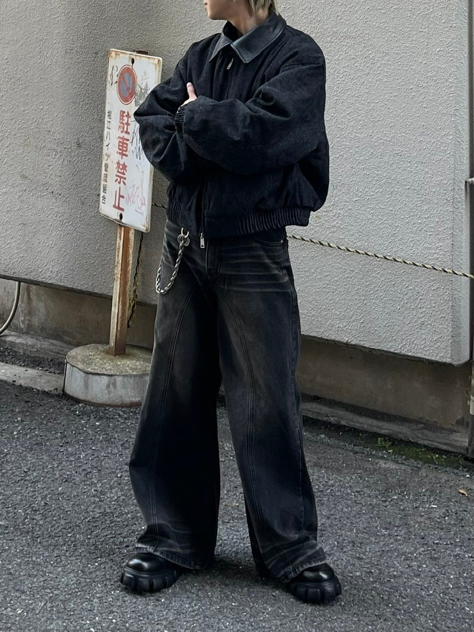 大阪店WEB限定【Chikashitsu +】cropped leather collar denim jacket