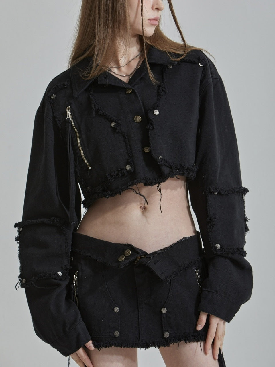 【GATELESS】RIVET FRINGE DENIM MINI SKIRT