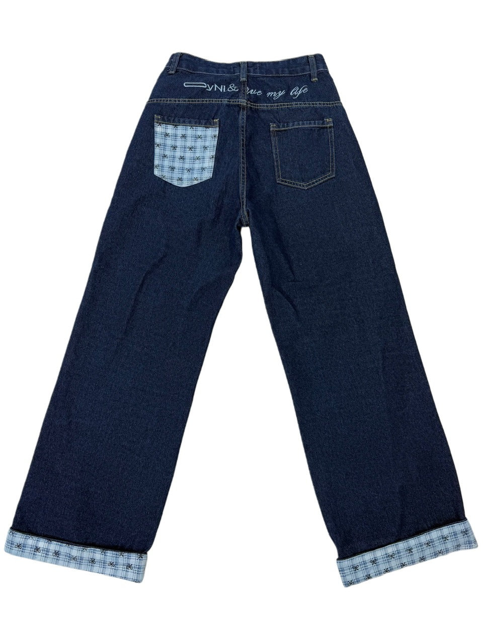 国際配送【Nerd out XU】design check wide denim pants