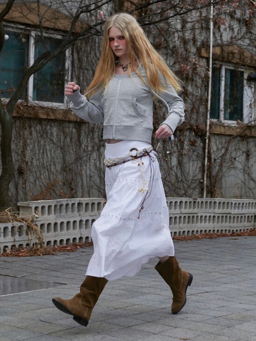 【NOT KNOWING】U Neck Stripe Hood Zip Up