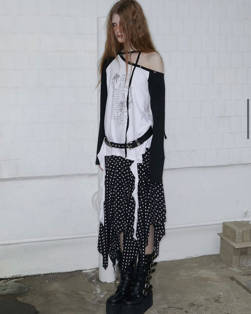 【NOT KNOWING】One Shoulder Raglan Ruffle Top / 【ノットノーイング】ワンショルダーラグランラッフル長袖Ｔシャツ