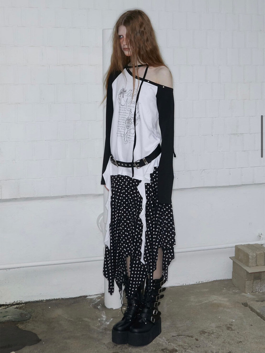 【NOT KNOWING】One Shoulder Raglan Ruffle Top / 【ノットノーイング】ワンショルダーラグランラッフル長袖Ｔシャツ