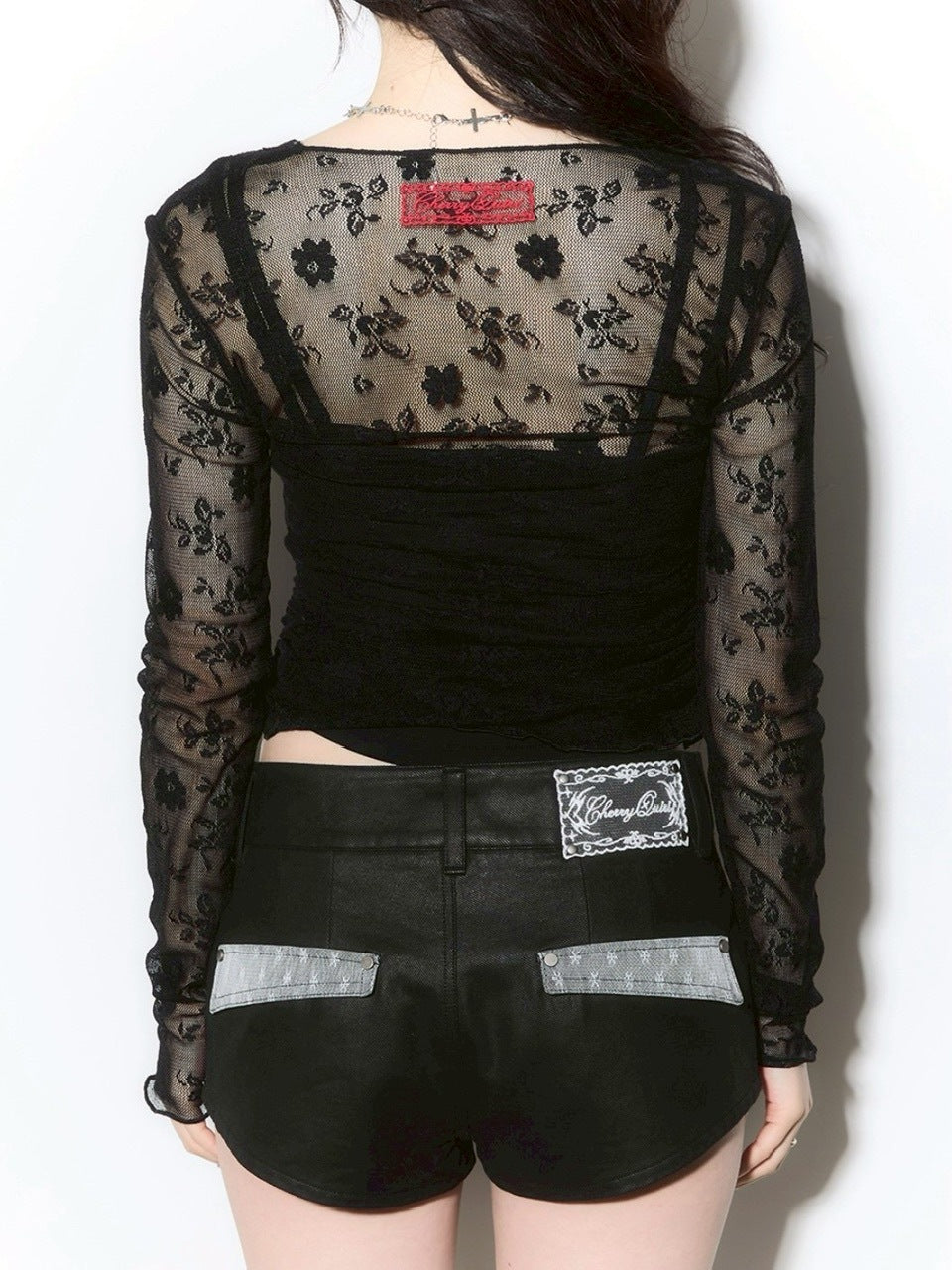 【CHERRYQUIRI】seethrough v neck shirring sleeve