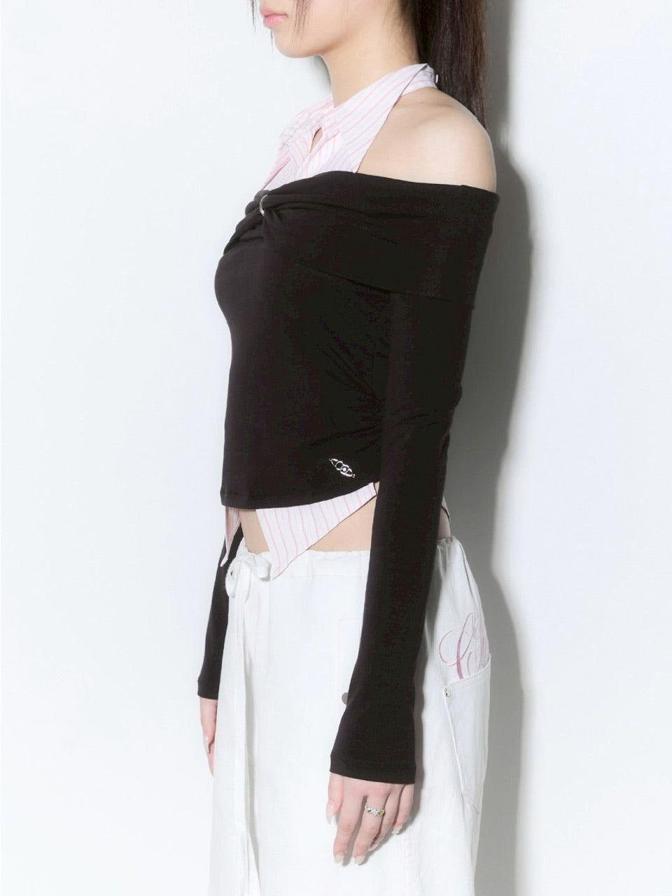 【CHERRYQUIRI】shirts layered off shoulder top
