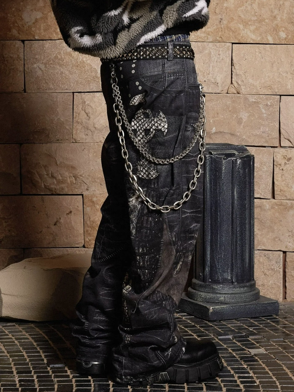 【DND4DES】LEATHER CROSS SPLICING PRINTED JEANS