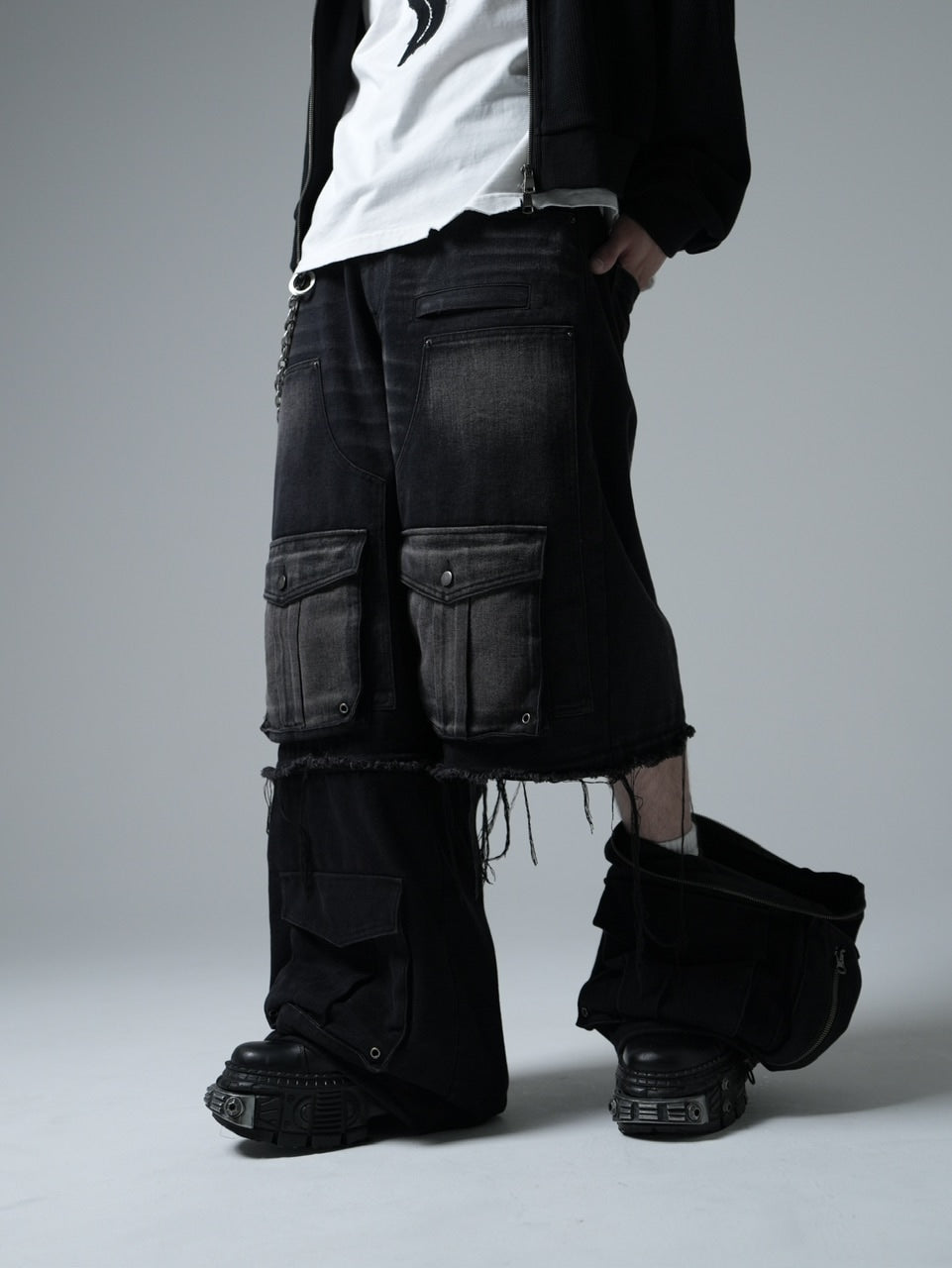 【CHIKASHITSU PLUS HIGH】Layered zip cargo denim pants