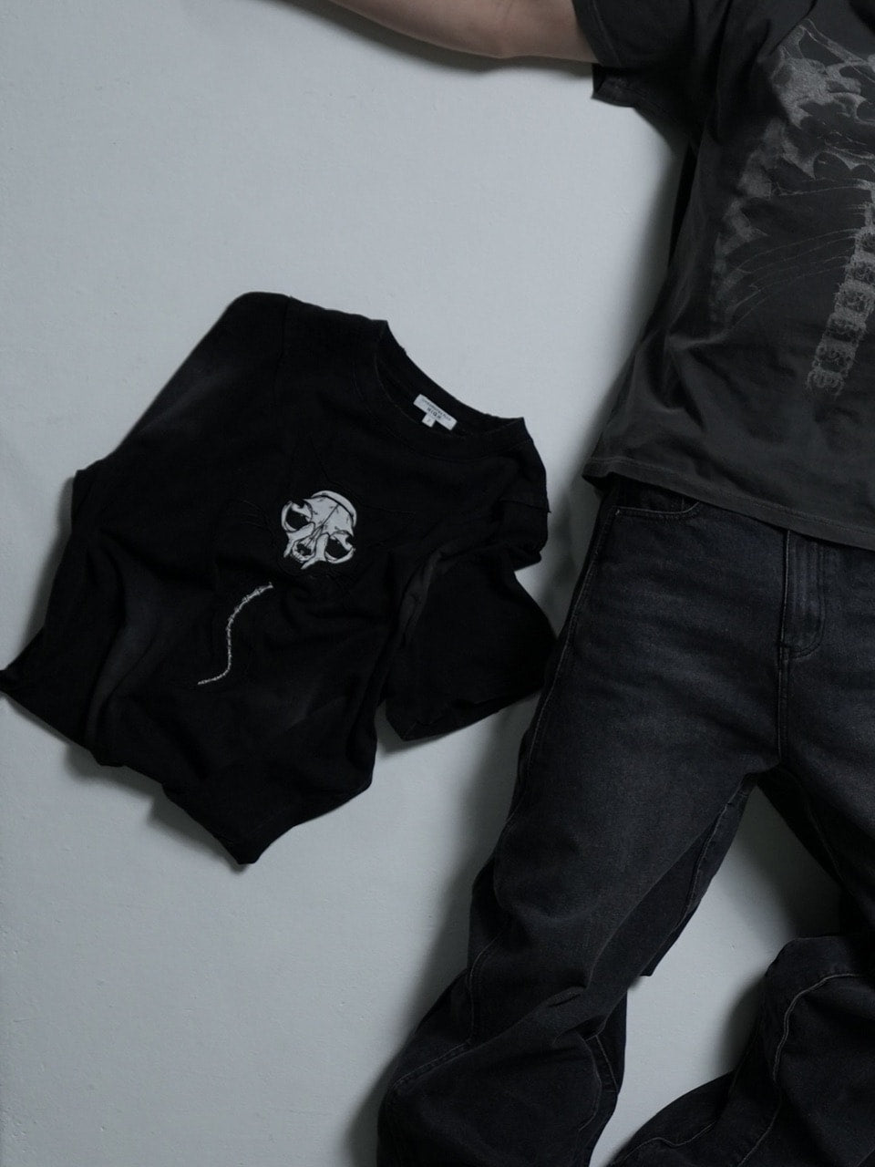 【CHIKASHITSU PLUS HIGH】Destroy skull cat T-shirt (black)