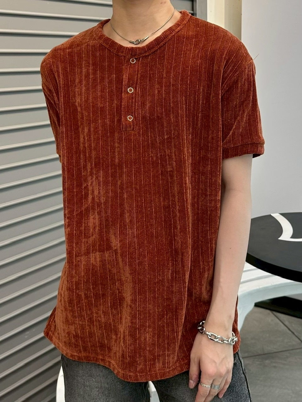 受注制【LUV CODE】henry neck half sleeve velours top (4color)