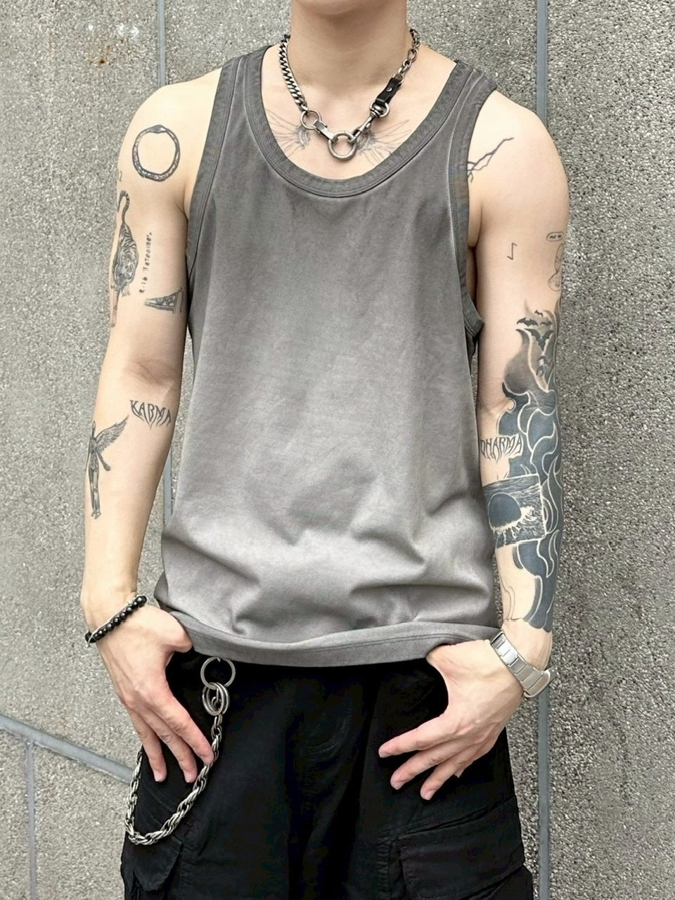 受注制【Chikashitsu +】dirty wash sleeveless / 【チカシツプラス】ダーティウォッシュタンクトップ (2color)