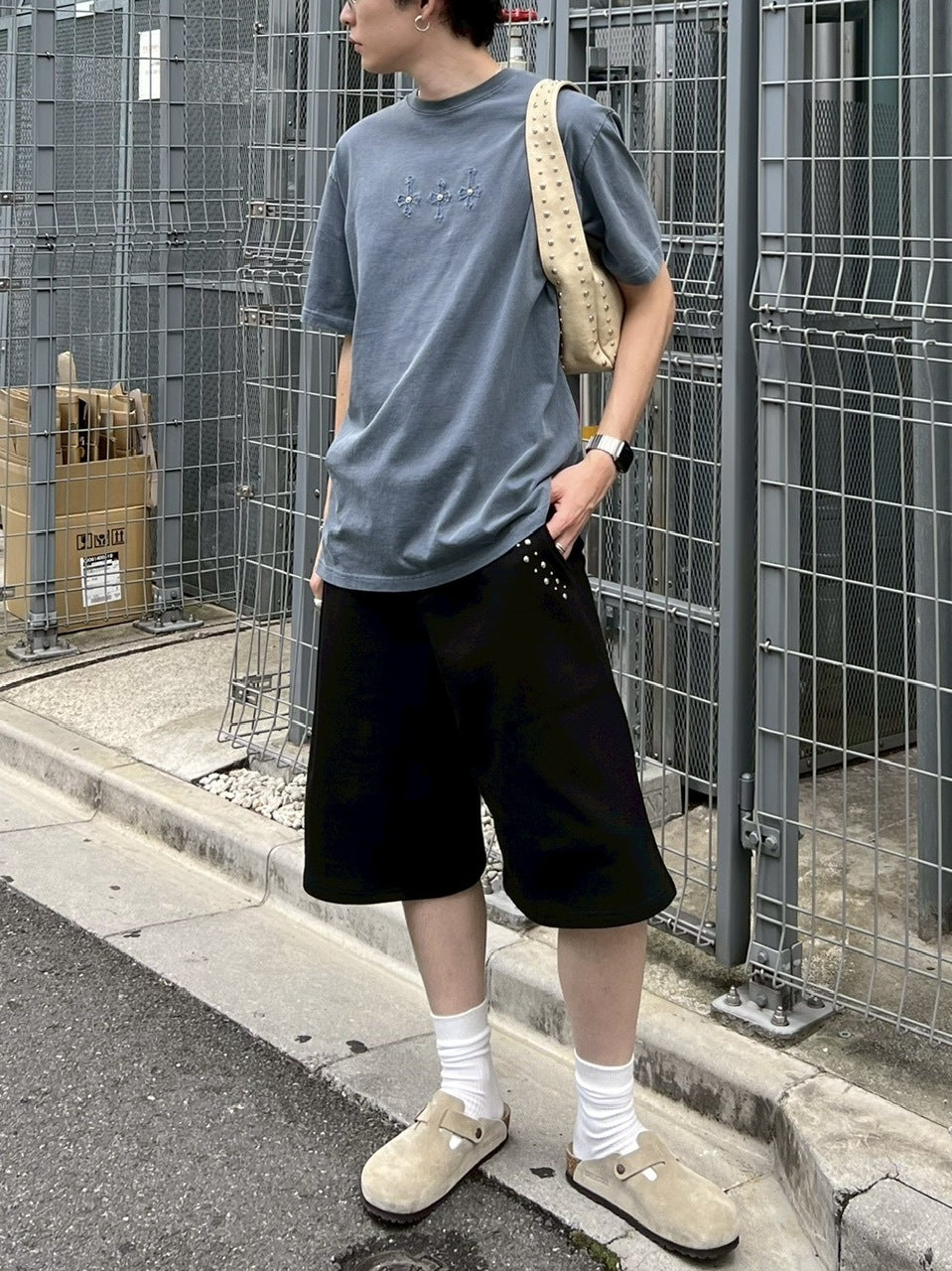 受注制【Chikashitsu +】pocket studs sweat half pants / 【チカシツプラス】ポケットスタッズスウェットハーフパンツ (2color)