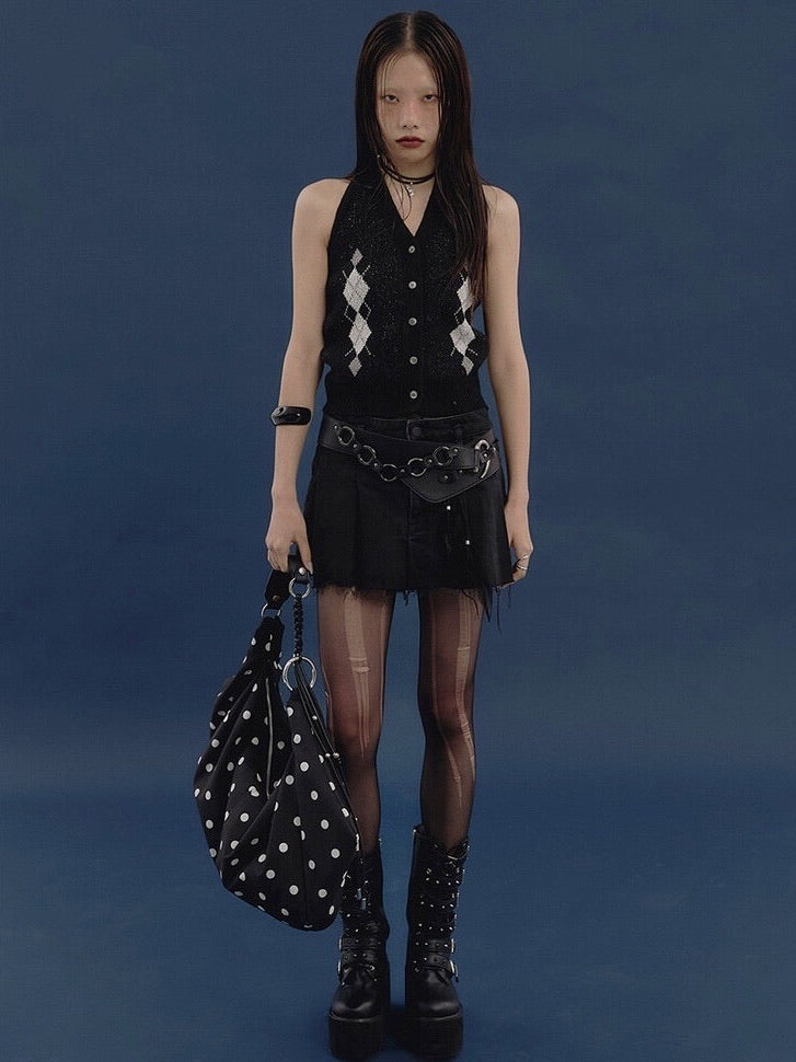 【NOT KNOWING】Argyle Linen Knit Halter Top / 【ノットノーイング】アーガイルリネンニットホルターベスト