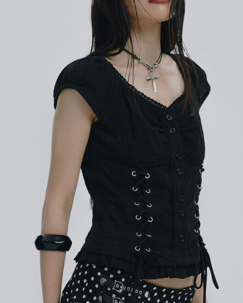 【NOT KNOWING】Eyelet Lace Up Blouse / 【ノットノーイング】アイレットレースアップブラウス