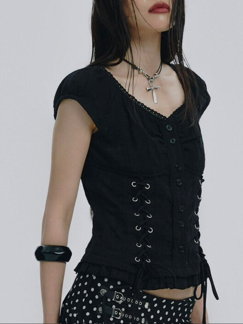 【NOT KNOWING】Eyelet Lace Up Blouse / 【ノットノーイング】アイレットレースアップブラウス