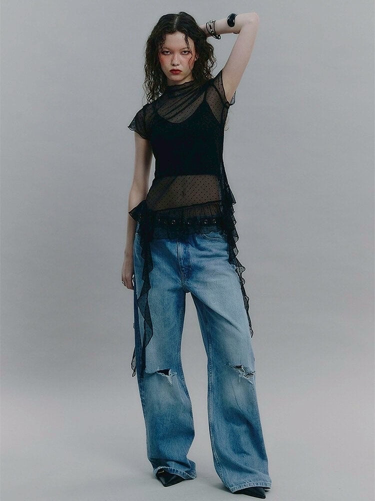 【NOT KNOWING】Dot Mesh Ruffle Top / 【ノットノーイング】ドットメッシュラッフル半袖Tシャツ