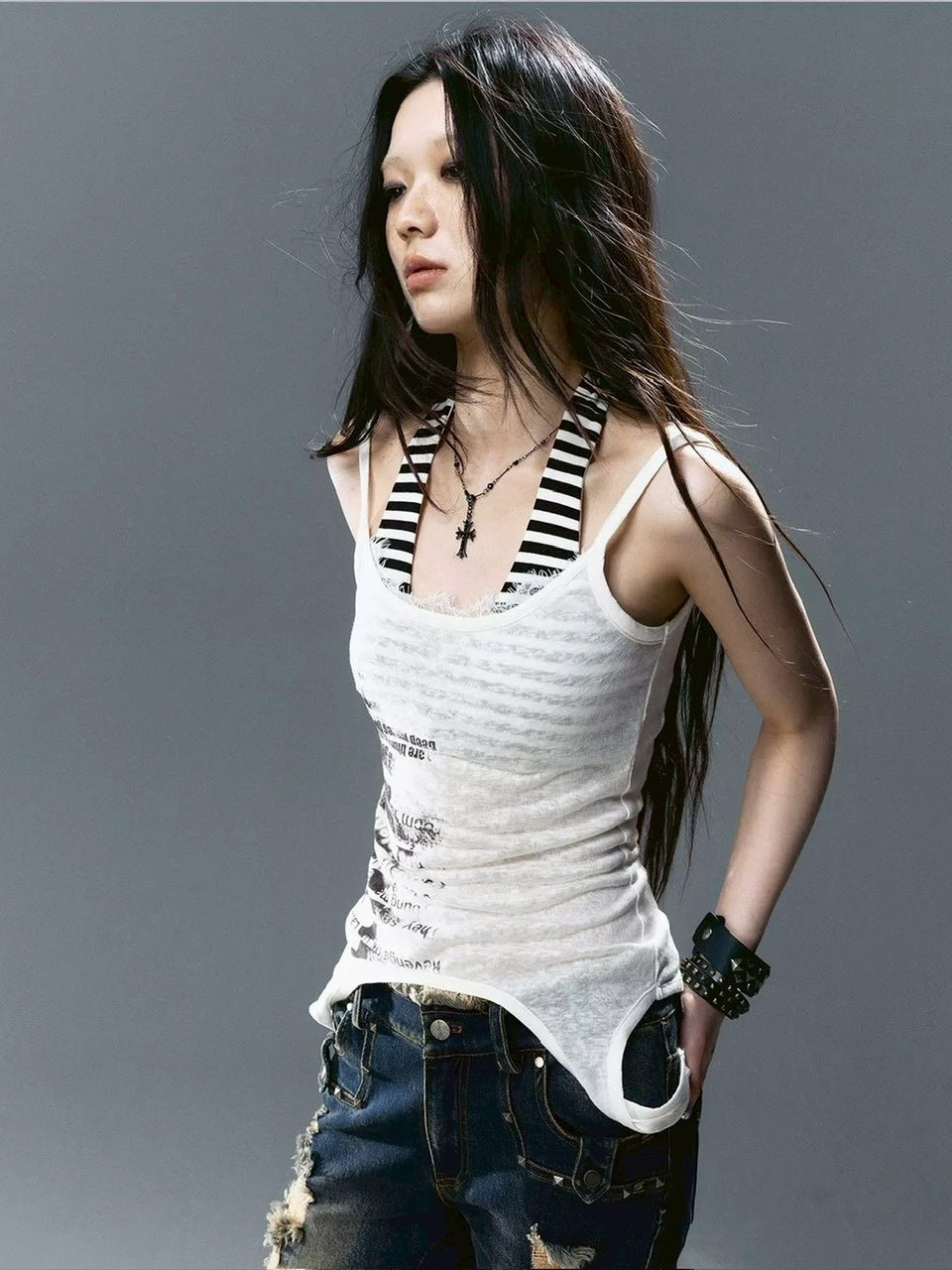 【Cest Nous】Graffiti Tank Top / 【セヌー】2wayグラフィックボーダーレイヤードタンクトップ