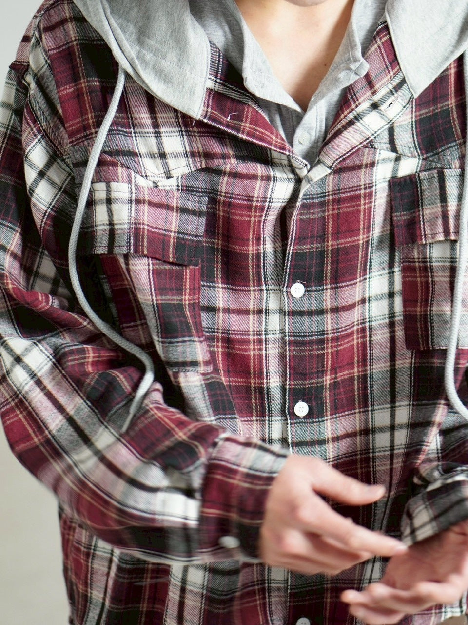 受注制【Chikashitsu +】hood mix check hoodie / 【チカシツプラス】フードミックスチェックパーカー (3color)