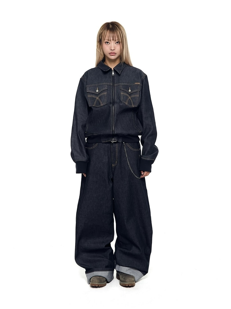 【AAKAM】Banding Denim Zip-Up Jacket