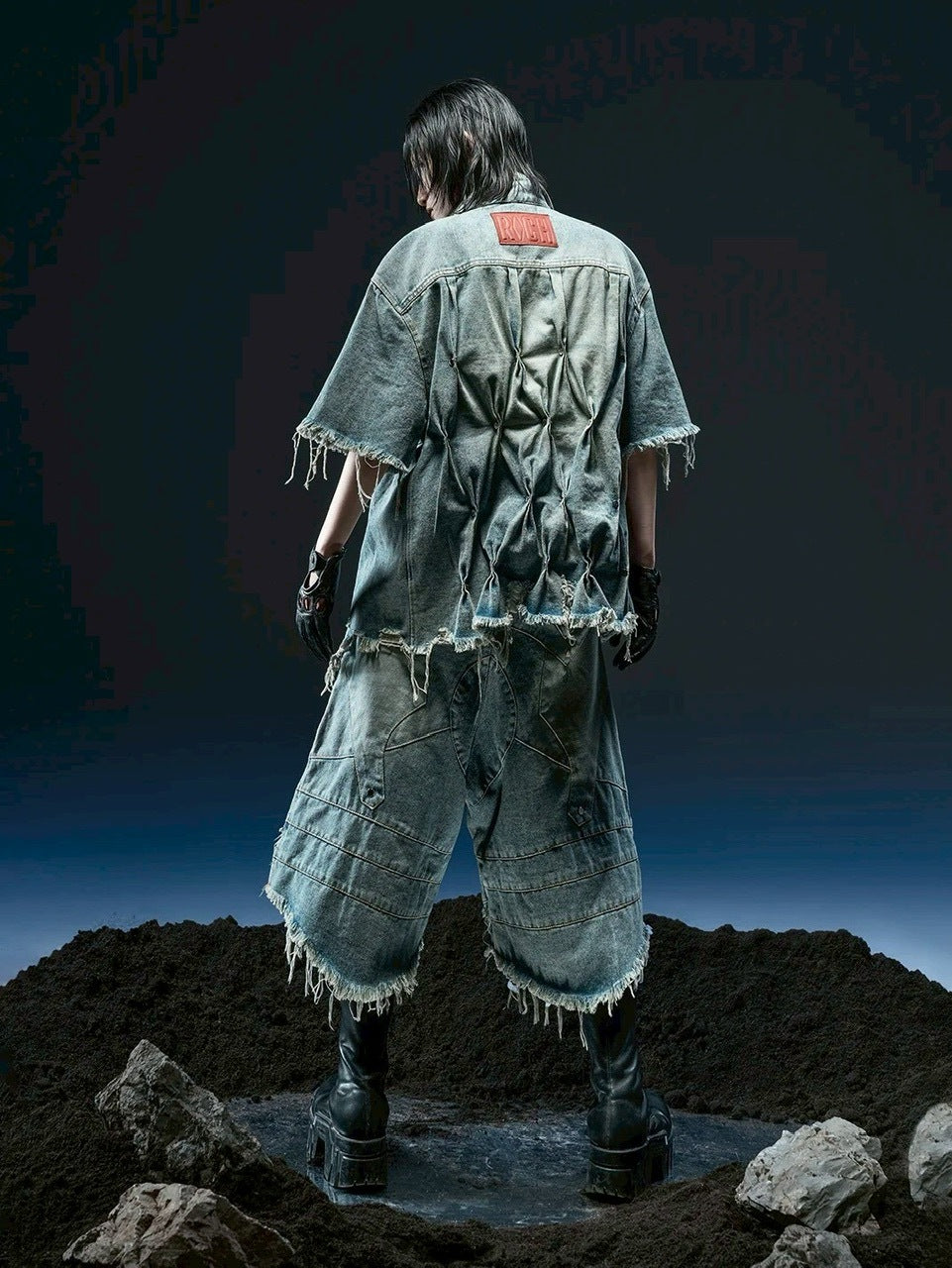 1/2 20:00再販【RICH】Knight Wide Waxed Short Pants/ 【リッチ】デザインデニムダメージハーフパンツ