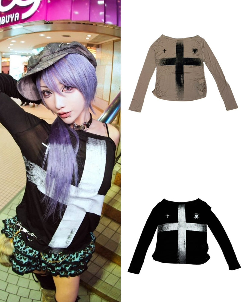 【BABY09】 Cross Print Off-Shoulder tops (2color)
