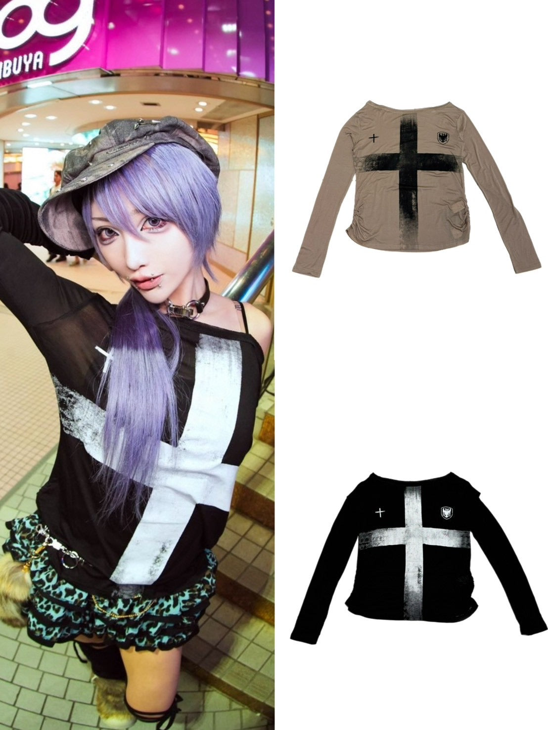 【BABY09】 Cross Print Off-Shoulder tops (2color)