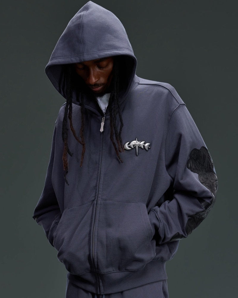 【The Boy Has No Patience】LEATHER PATCH ZIP HOODIE
