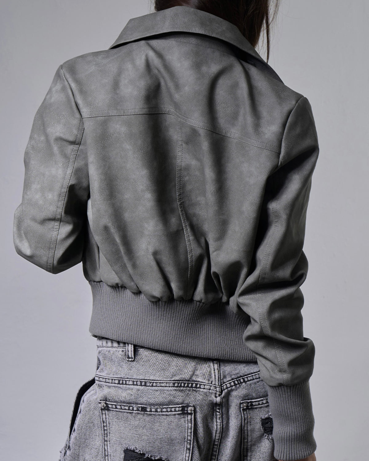 【FANCY CLUB】HIGH-NECK RIBBED LEATHER JACKET