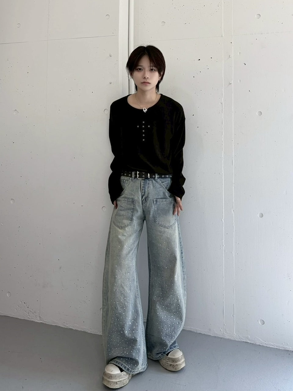 国際配送【LUV CODE】rhinestone wide denim pants (2color)