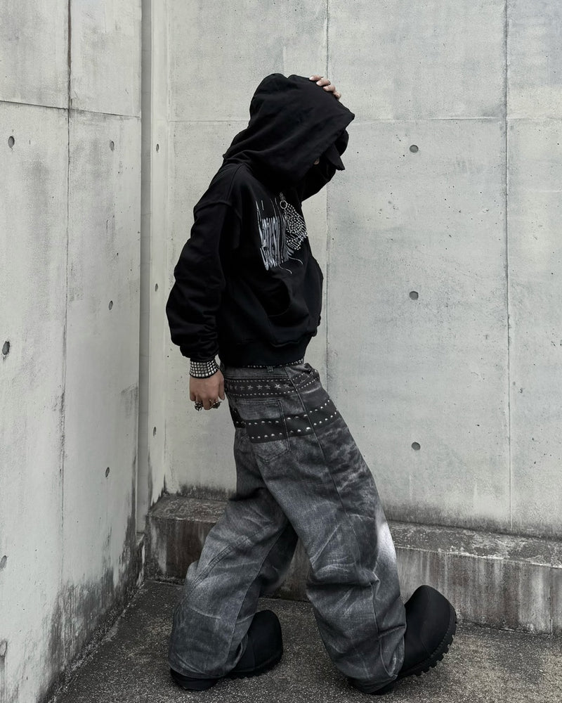 国際配送【Never mind the XU】belt print wide curved denim Pants
