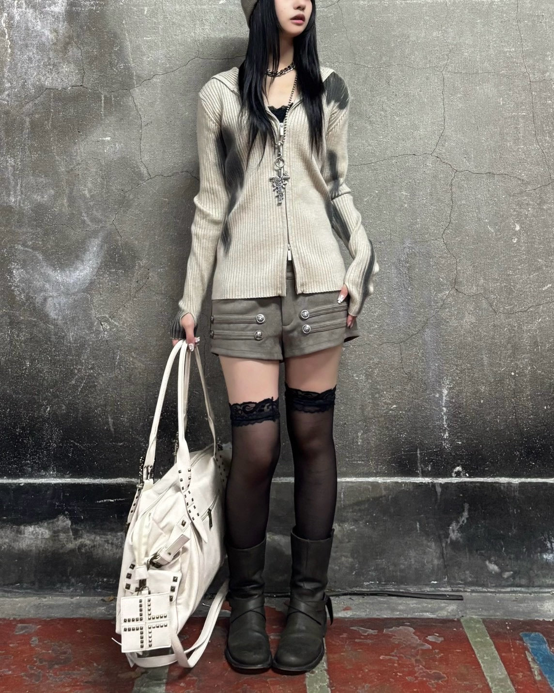 受注制【Never mind the XU】SPRAY WASH ZIP KNIT HOODIE (2color)