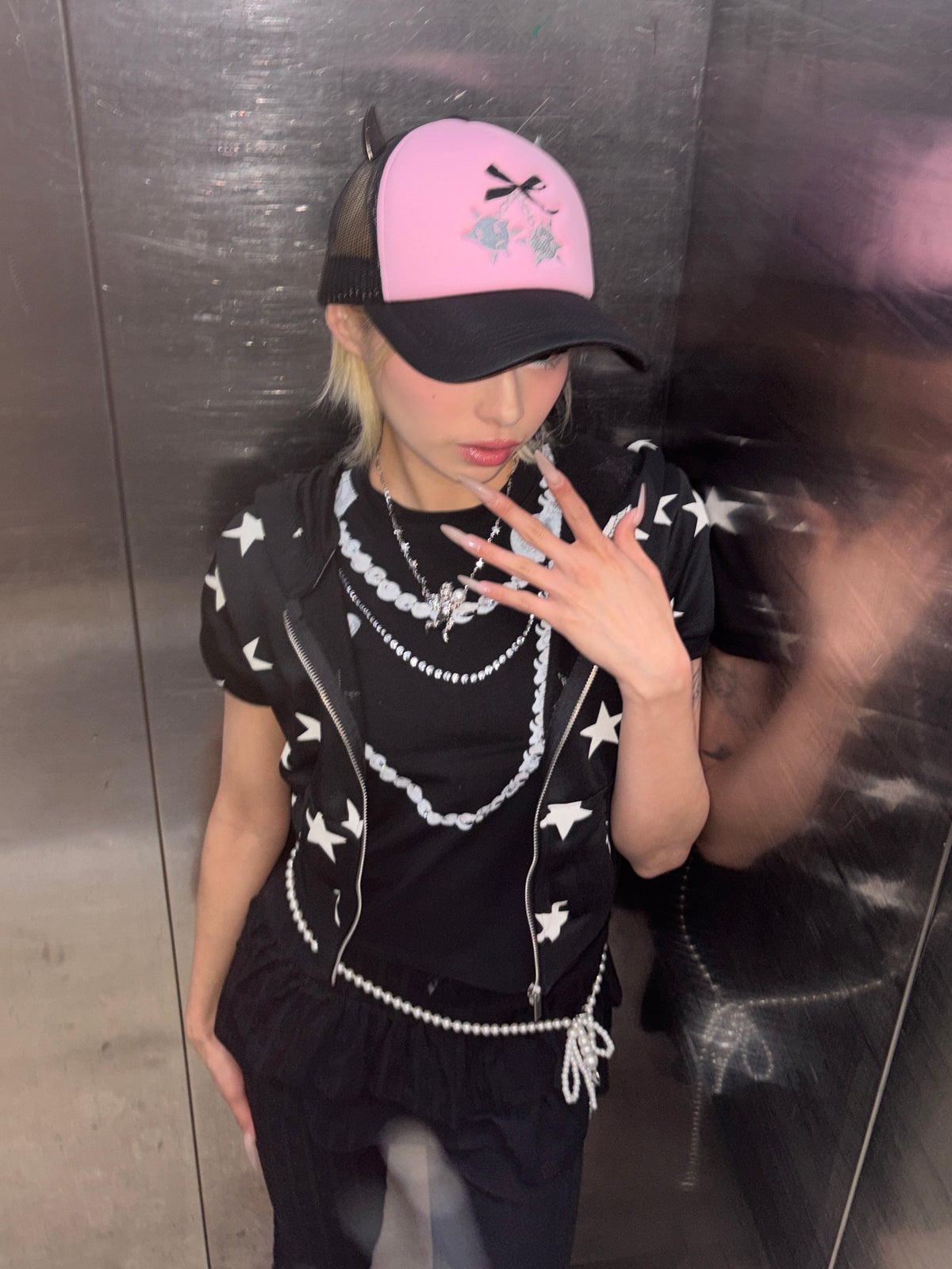 国際配送【Never mind the XU】star short sleeve zip-up hoodie