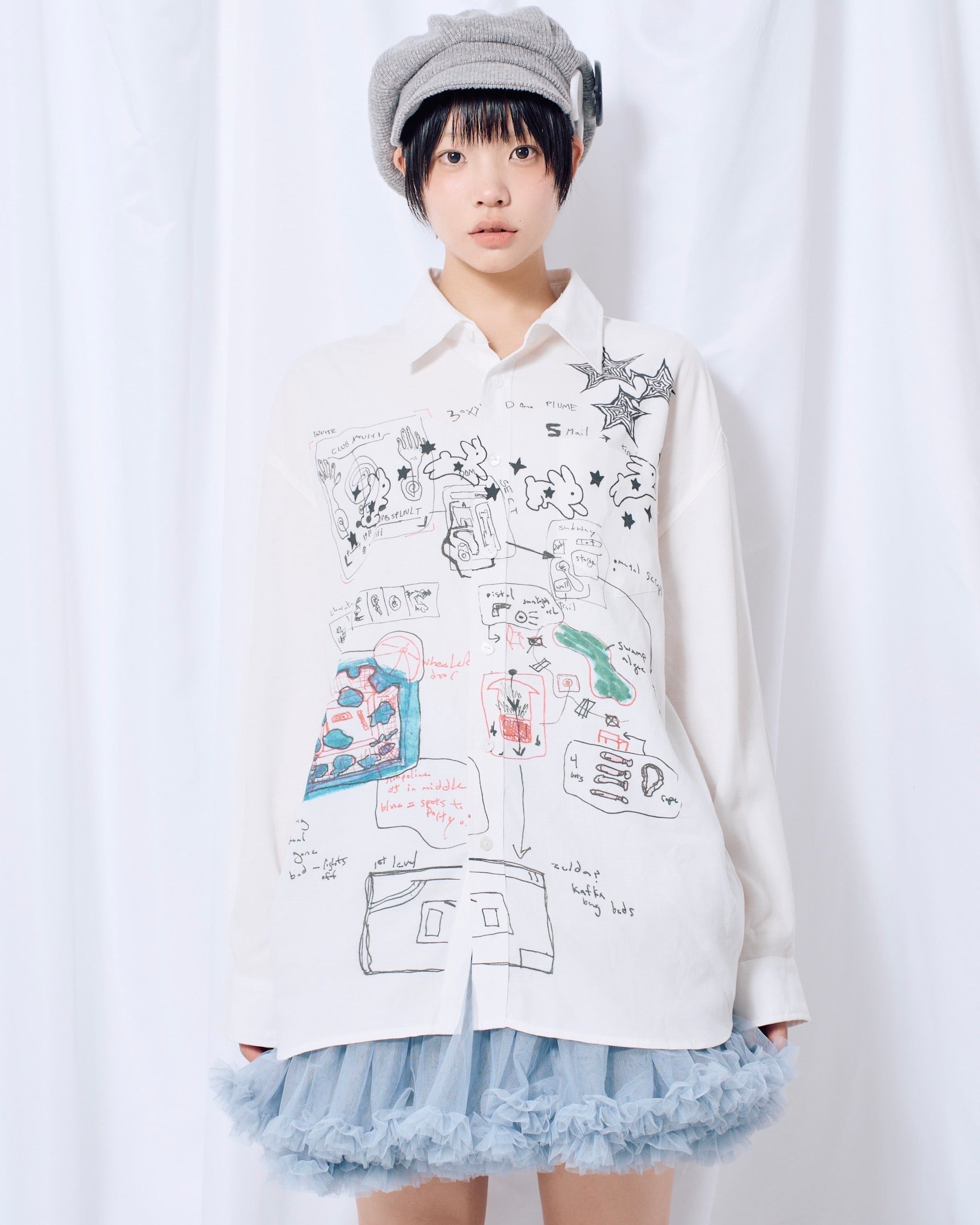 9/18 20:00 発売 国際配送【Nerd out XU】Art Print Layered Button-Up Shirt