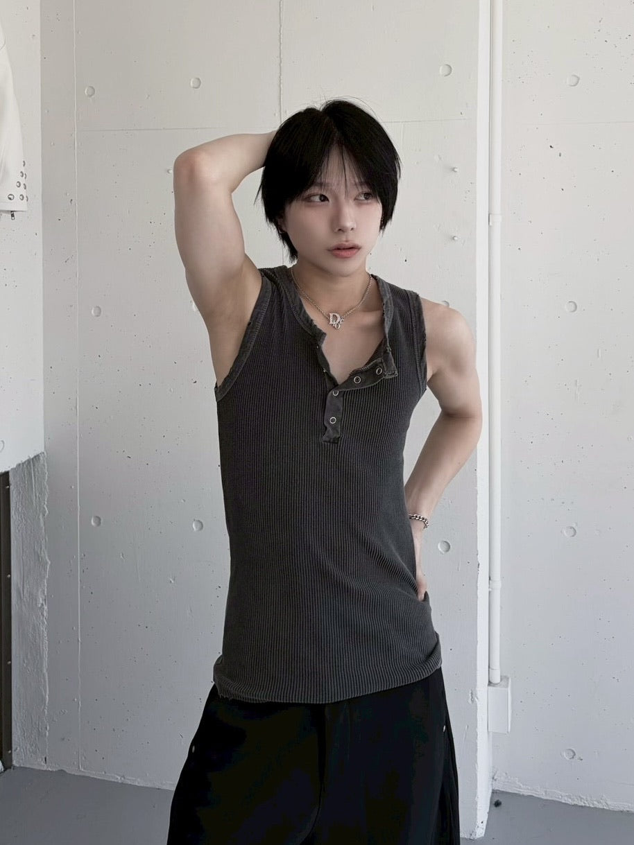 受注制【LUV CODE】pigment rib henley neck sleevesless (3color)
