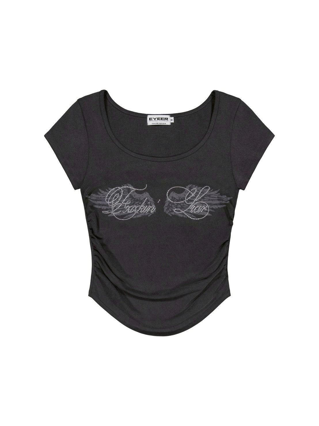 【EYEER】Hotfix Logo Shirring Short Sleeve Top