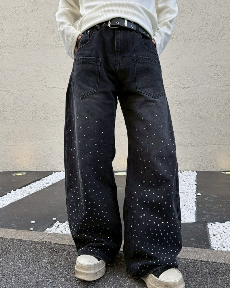 国際配送【LUV CODE】rhinestone wide denim pants (2color)