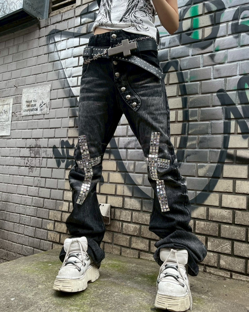 国際配送【BABY09】cross studs flare denim pants