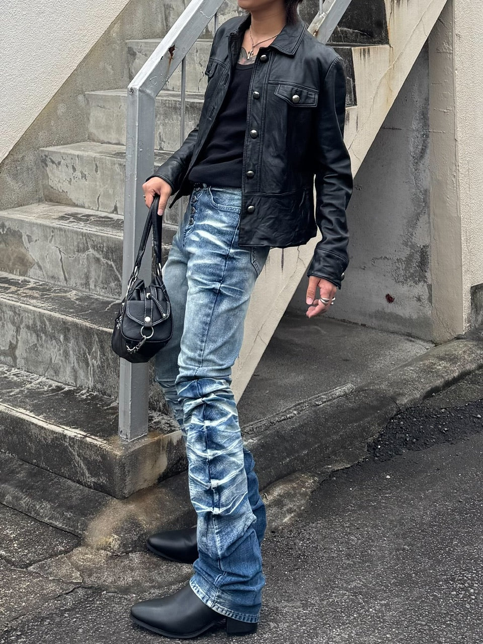 国際配送【RENOL】vintage washed knee pleat denim pants